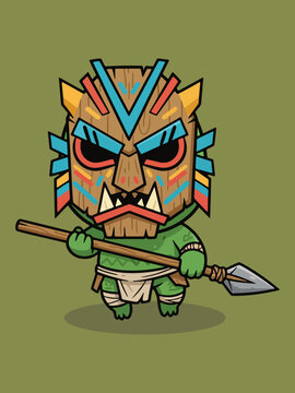 Chibi-style tribal monster with a floating compact body and no legs, holding a wooden spear upright in a symmetrical stance. Vector illustration perfect for game assets, stickers, and mascots.