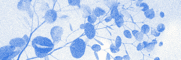 Cyanotype stipple overlay texture bg with eucalyptus leaves silhouettes. Vector soft blue wallpaper for template, graphic design projects, artworks © gorozhinak