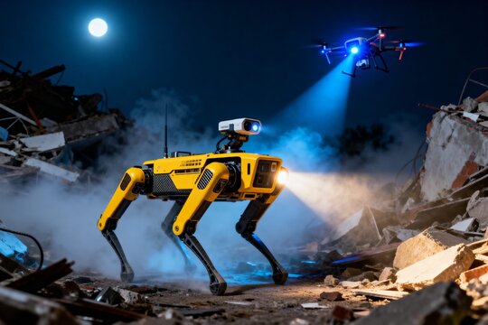 Autonomer Rettungsroboter bei Such- und Rettungseinsatz (SAR), KI-gesteuerte Katastrophenhilfe im Einsatzgebiet mit Drohnentechnologie