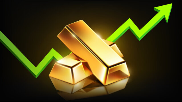 Gold price rising concept with gold bars and green upward arrow graph on dark background, vector illustration