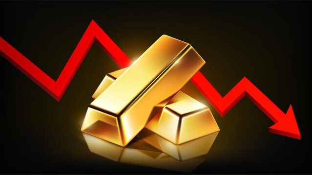 Gold price drop concept with gold bars and falling red arrow graph on dark background, vector illustration