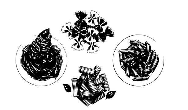 Italian pasta watercolor set in circular composition with basil garnish food vector