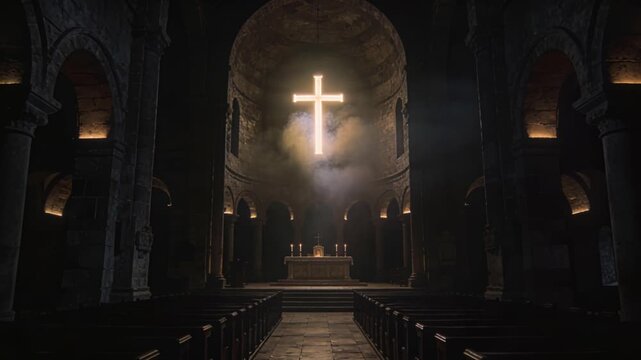 Eerie gothic chapel atmosphere. Ghostly chapel with fog and glowing cross