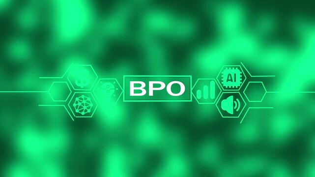 Bright green digital interface showing the acronym BPO with interconnected for finance artificial intelligence innovation and sound on a blurred green bokeh background