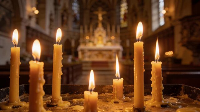 Peaceful setting featuring glowing candles on sacred altar surface
