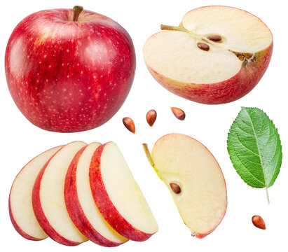 Collection of red apple and apple slices isolated on white background. File contains clipping paths.