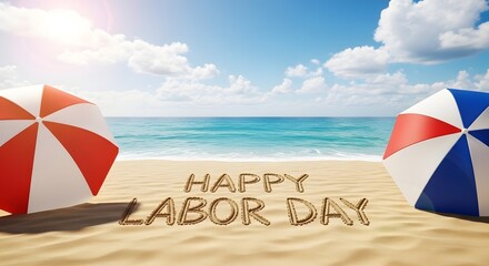 Happy labor day beach scene with colorful umbrellas