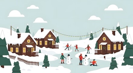 Obraz premium People enjoying winter activities in snowy village with festive houses