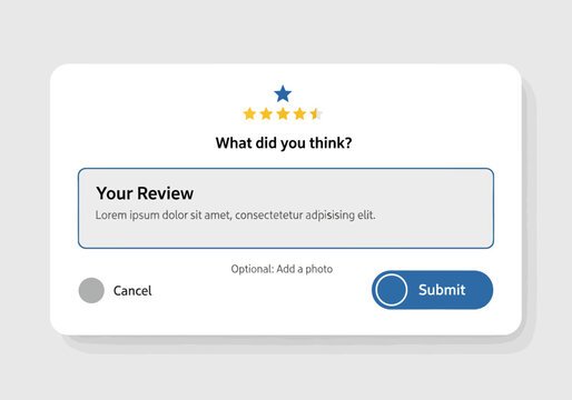A person submits a review with a star rating and a photo on a feedback form.