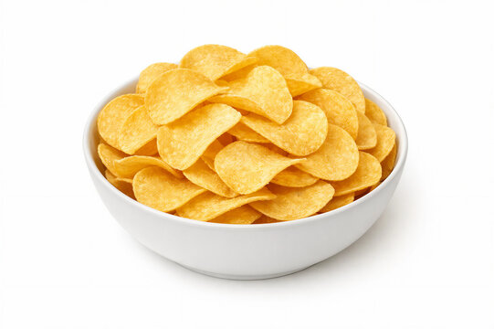 Bowl filled with crispy potato chips isolated on white background clean