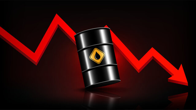 Crude oil price drop and energy crisis concept with oil barrel and falling red arrow graph on dark background, vector illustration