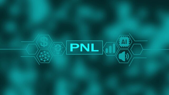 Digital infographic with PNL acronym and representing finance artificial intelligence and technology on a blurred teal background