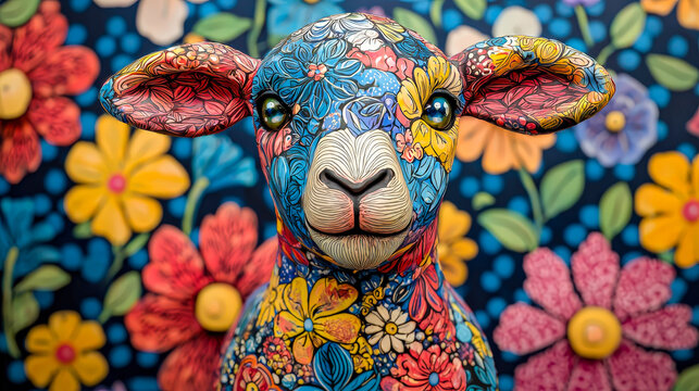 A decorative sheep sculpture features intricate floral designs and vivid colors, set against a backdrop of matching flowers