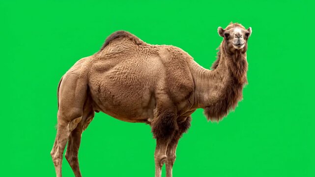 Brown dromedary camel standing against a green screen background