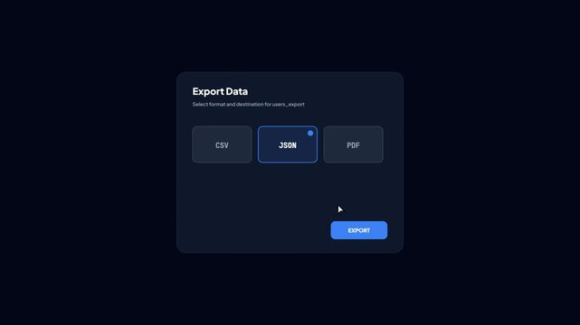 User Interface Animation of Data Export Selection Process with JSON Format Download Success