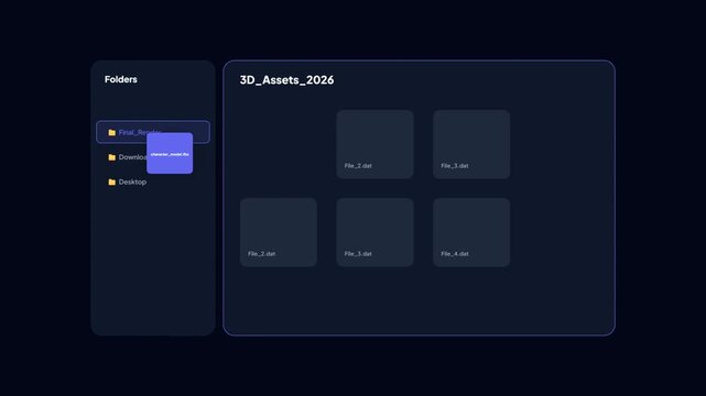 Dark Mode File Manager Interface Showing 3D Asset Character Model Move to Final Render Folder