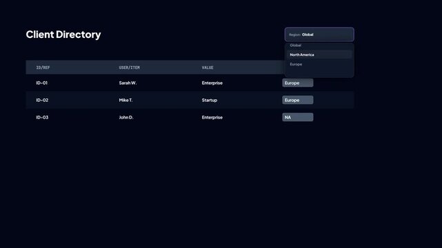 Filtering client directory by region in professional dark mode CRM dashboard