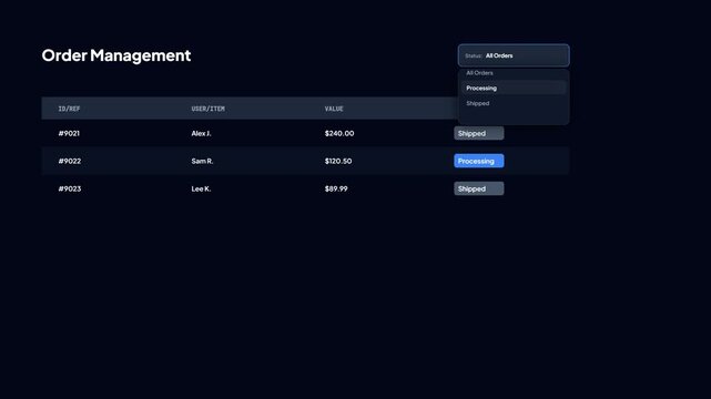 Filtering e-commerce order management table by processing status in dark mode dashboard