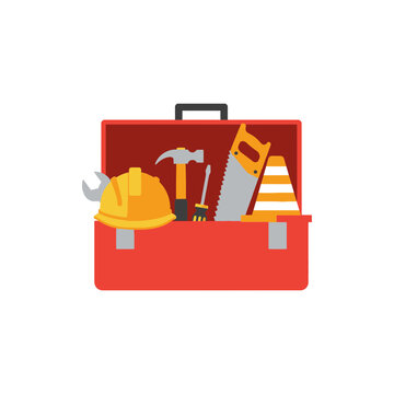 Open toolbox containing various construction tools and safety equipment.