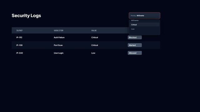 Cybersecurity logs dashboard UI animation with priority filter selection for critical events