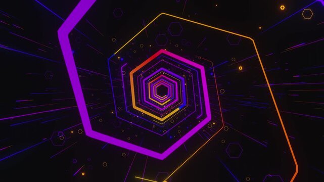 4k loop video of dynamic rhythmic portal of nested glowing shapes and particles for club events, VJ sets, high-tech club visuals,  electronic music festivals, stage screens and for LED video walls