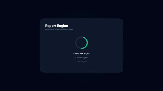 Financial report engine interface animation with progress bar and annual statement generation
