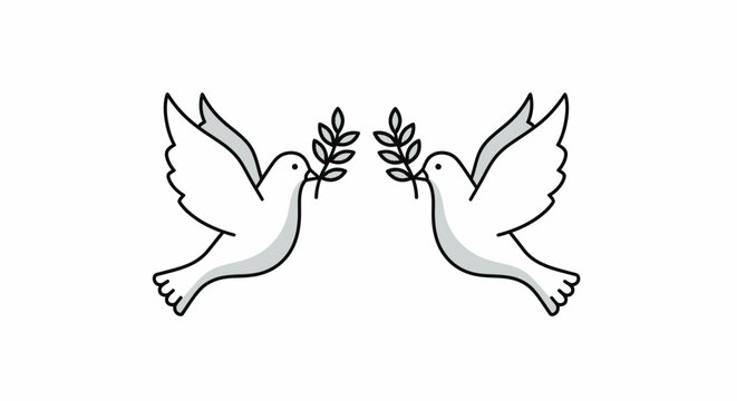 Two stylized white doves facing each other, holding olive branches.
