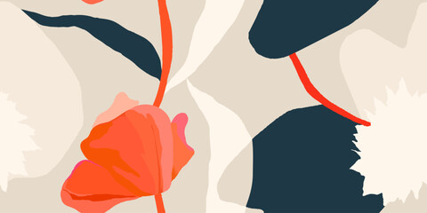Naklejka premium Beautiful minimalist flowers pattern. Botanical contemporary seamless pattern. Hand drawn unique print.