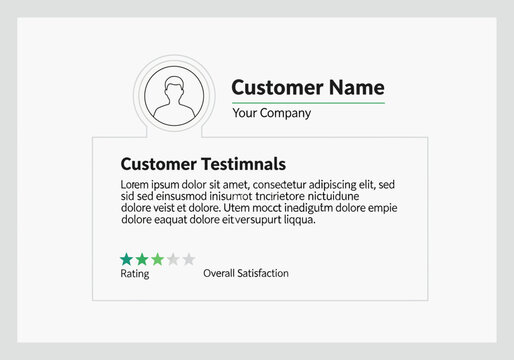 A person icon with a testimonial quote and rating on a white background