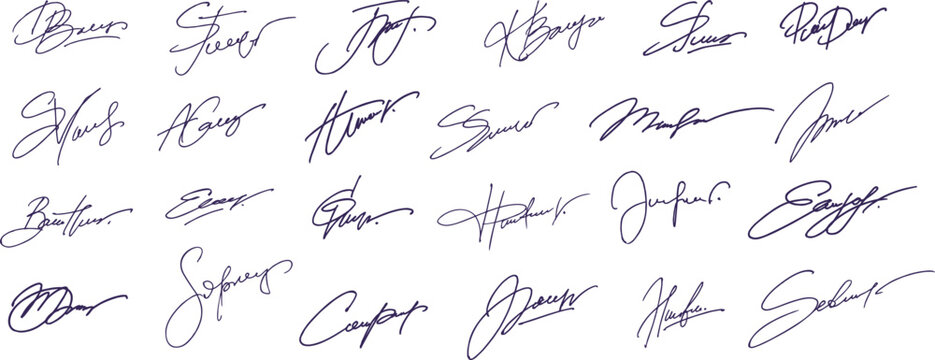 Handwritten signature. Fake name autograph sign pen drawing for certificate, business document or personal symbol. Contract sample artist doodle signatures isolated vector set