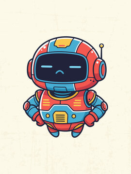 Chibi-style robot with a floating round body and no legs, dynamically hovering with one arm raised in victory. Vector illustration perfect for game assets, stickers, and tech-themed visuals.