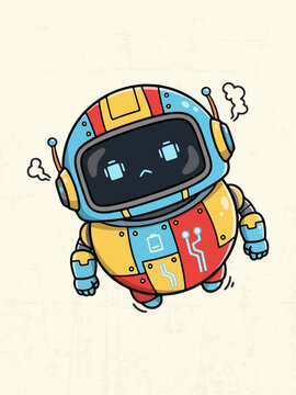 Adorable chibi-style floating robot with a round body and no legs, hovering dynamically with a raised arm in victory pose. Clean vector illustration ideal for mascots, apps, and tech branding.