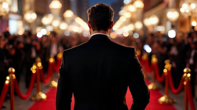 Presenter dressed in formal tuxedo greeting guests on red carpet
