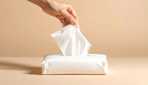 Hand pulling tissue from soft pack on neutral background