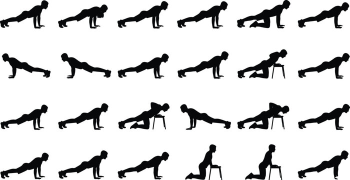 Large set of black silhouettes featuring men performing push ups plank variations and bodyweight exercises on floor and bench isolated on white.