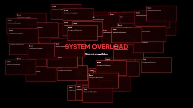 Abstract digital system overload animation with multiple cascading unexpected exception error popups