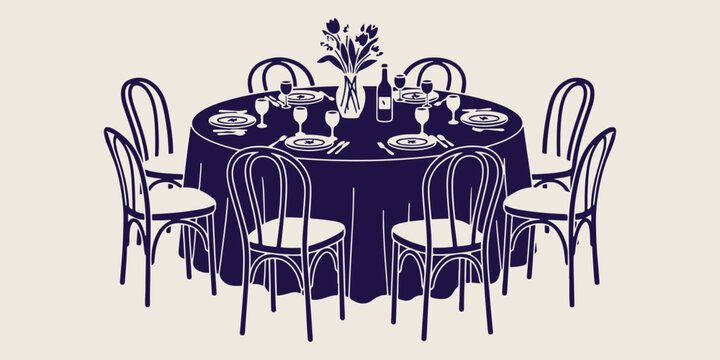 Elegant dinner table, formal banquet setting, restaurant dining illustration, celebration feast table, gala event banquet, dining room sketch, luxury dinner party.
