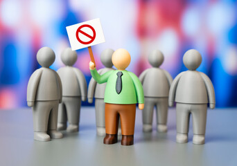 One person protests in a crowd. A solo picket, a protest leader. Individual activism stands out in mass movement. Leadership and courage inspire change and influence public opinion and social dynamics