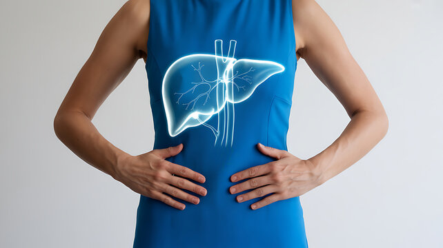 Woman's torso displaying a glowing, transparent 3D illustration of the liver and gallbladder organ system