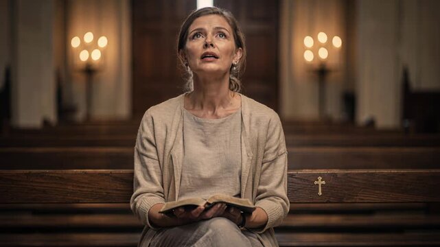 Anxious woman seeks peace through heartfelt prayer by candlelight