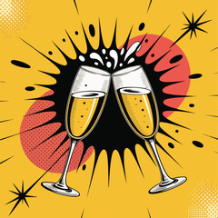 Obraz premium Two champagne glasses clinking together with yellow liquid and bubbles on a yellow background
