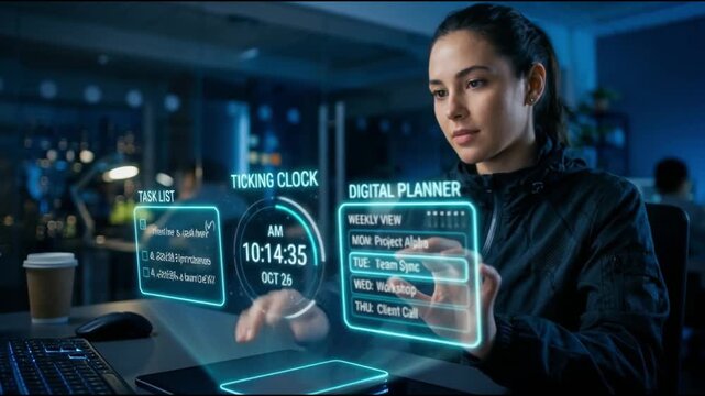 A person using a smartphone with digital icons of a check mark, clock, and calendar, symbolizing task completion, time tracking, scheduling, and productivity management in a modern digital workflow.