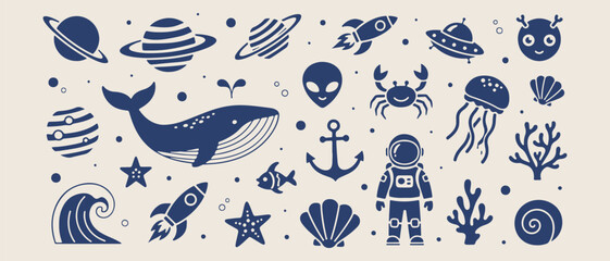 Space exploration sea life, alien and dolphin, cosmic ocean doodles, hand drawn adventure icons, aquatic space illustration, fantasy world graphics, astronaut and whale sketches © Geetaroy