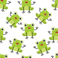 Obraz premium Fun seamless pattern of stylized green frogs in geometric cartoon style