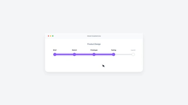 Product design roadmap animation showing progress from brief to launch with purple milestone completion notification