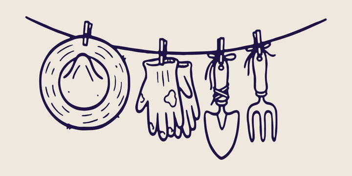 Gardening tools doodles, backyard hobby sketches, planting and growth icons, hand drawn garden equipment, spring cleaning graphics, nature lover elements, farm life illustrations