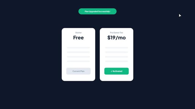 Dark Mode Gaming Subscription Pricing Tables With Upgrade Plan Button And Success Feedback