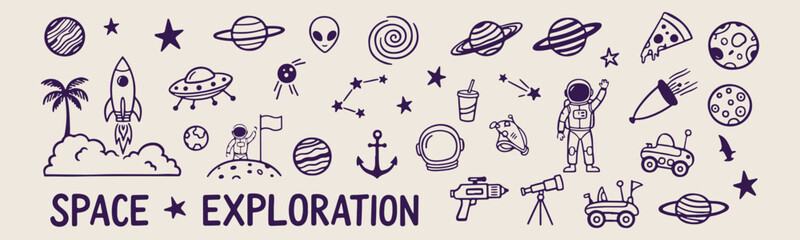 Space exploration doodles, galaxy and stars sketches, astronaut journey graphics, planetary system icons, hand drawn universe art, science fiction elements, celestial body illustrations. © Geetaroy