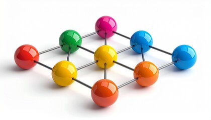 Obraz premium Connected colorful spheres representing network communication structure or connection isolated on white background.