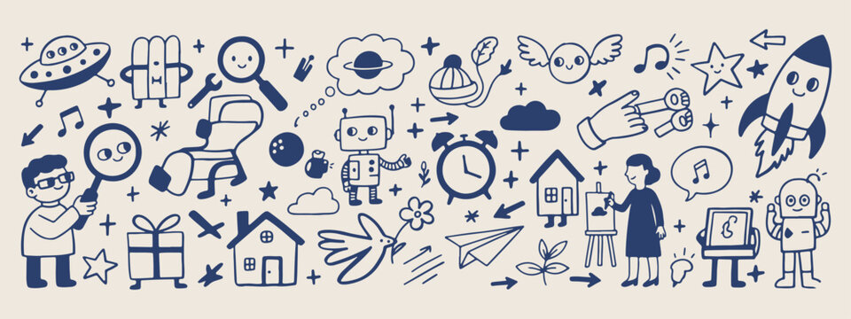 Robot tech doodles, artificial intelligence sketches, future technology icons, hand drawn digital elements, machine learning illustration, smart device graphics, tech toy doodles